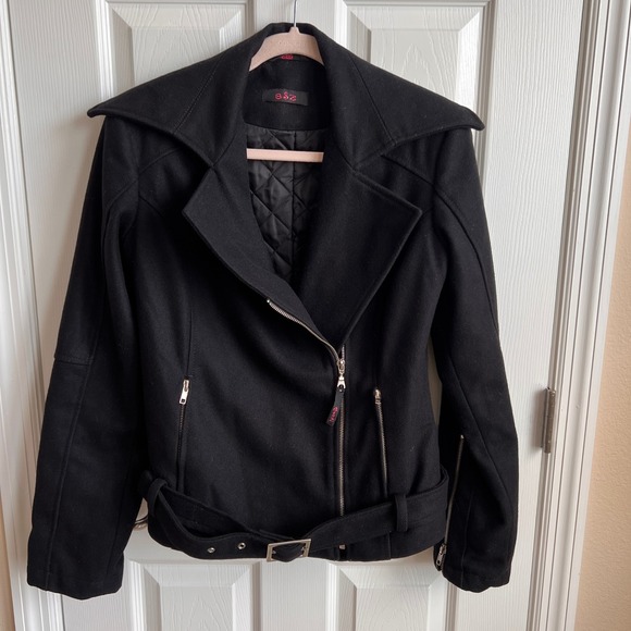 eSz Black Moto Jacket with Belt Detail and Zipper Accents Women's L - Picture 1 of 13